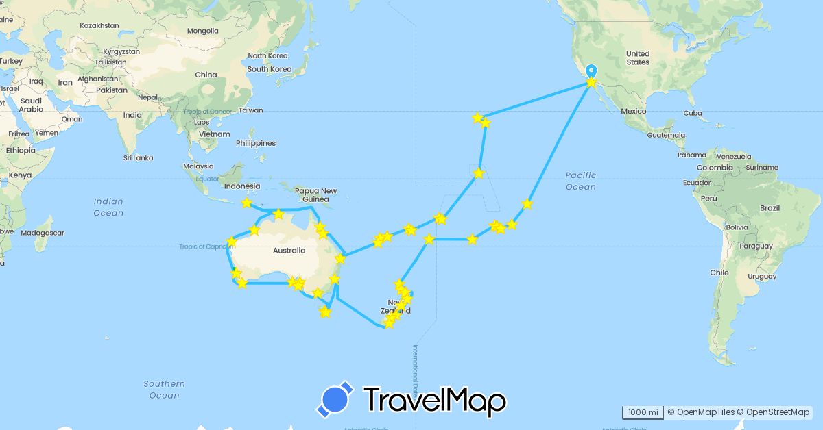 TravelMap itinerary: driving, bus, train, boat in Australia, Cook Islands, Fiji, Indonesia, Kiribati, New Caledonia, New Zealand, French Polynesia, Tonga, United States, Vanuatu, Samoa (Asia, North America, Oceania)