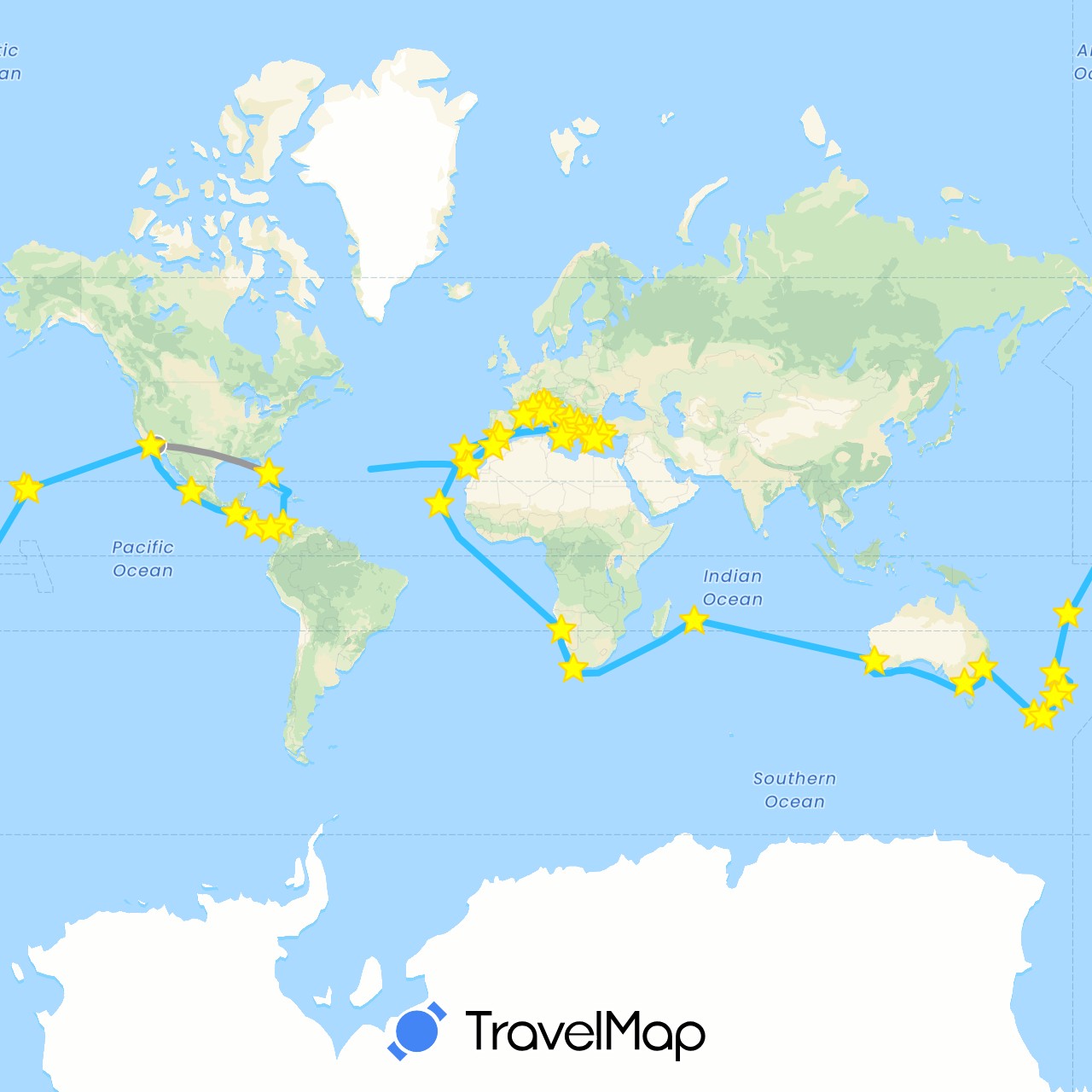 TravelMap itinerary: driving, plane, train, boat in Australia, Colombia, Costa Rica, Cape Verde, Spain, Fiji, France, Gibraltar, Greece, Guatemala, Italy, Morocco, Monaco, Malta, Mauritius, Mexico, Namibia, New Zealand, Panama, Portugal, Turkey, United States, South Africa (Africa, Asia, Europe, North America, Oceania, South America)